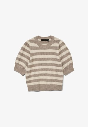 Stribet sweater i lys beige og taupe med korte ærmer, rund hals og blød tekstur. Ribstrikkede manchetter og kant.