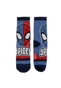 Calze in cotone lavorate a maglia con un design di Spider-Man blu e rosso, con distintivi motivi di ragnatela, occhi bianchi e il testo "SPIDEY".