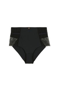 Culotte noire taille haute avec des panneaux en dentelle sur les côtés. Conçue en tissu doux, avec des accents transparents et un petit détail métallique.