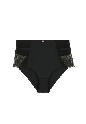 Culotte noire taille haute avec des panneaux en dentelle sur les côtés. Conçue en tissu doux, avec des accents transparents et un petit détail métallique.