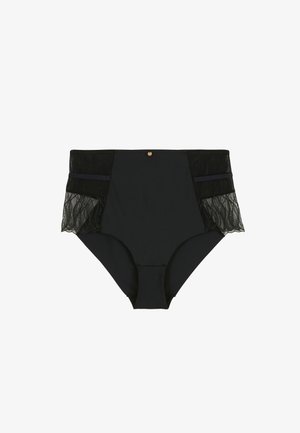Culotte noire taille haute avec des panneaux en dentelle sur les côtés. Conçue en tissu doux, avec des accents transparents et un petit détail métallique.