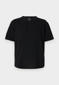 Black short-sleeve T-shirt with a crew neck, three-button placket, and a relaxed fit. Made from a soft, textured fabric.