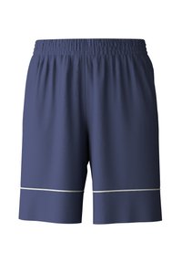Marineblauwe sportshorts van lichtgewicht stof met een elastische tailleband, voorzien van witte accenten langs de zoom voor extra detail.