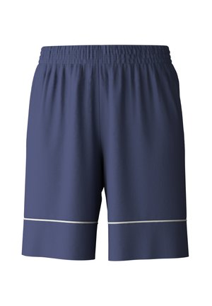 Navy athletic shorts made of lightweight fabric with an elastic waistband, featuring white trim along the hem for added detail.