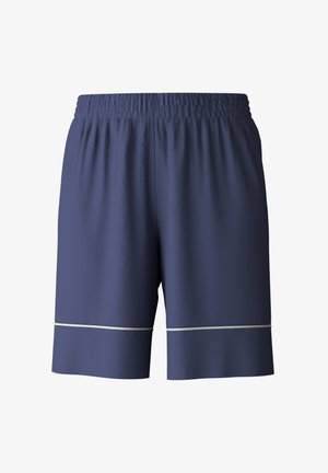 Marineblauwe sportshorts van lichtgewicht stof met een elastische tailleband, voorzien van witte accenten langs de zoom voor extra detail.