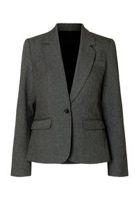 Šedý blazer vyrobený z texturované tkaniny, s klopovým límcem, zapínáním na jeden knoflík, dvěma předními kapsami a štíhlým, přiléhavým střihem.