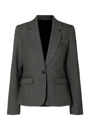 Blazer gris en tissu texturé, avec un col cranté, une fermeture à un bouton, deux poches avant et une coupe élégante et ajustée.