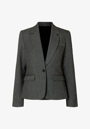 Grå blazer i texturerat tyg med snedskuren krage, enkla knappstängning, två framfickor och en slank, skräddarsydd passform.