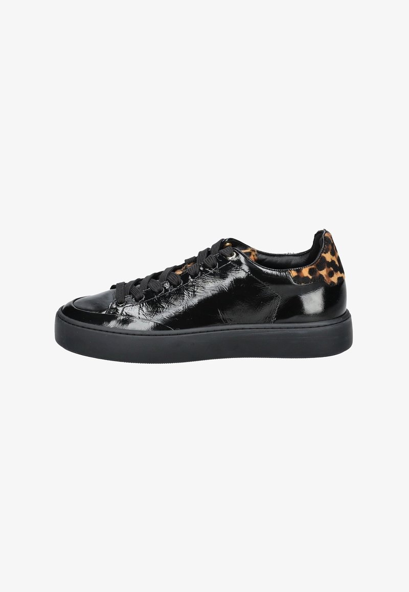 Black sneaker with shiny patent leather, textured detailing, leopard print accents on heel, round toe, and black laces. Thick black sole.