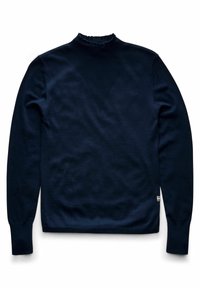 Dunkelblaues langärmliges Sweatshirt mit gerippten Bündchen und Saum, das einen leicht rüschierten Rundhalsausschnitt und ein kleines seitliches Etikett aufweist.