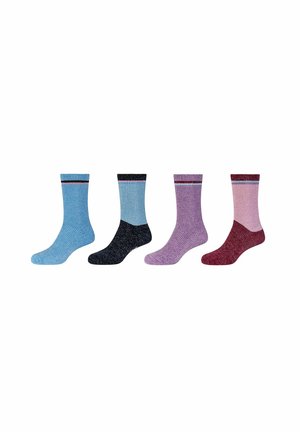 Set van vier paar geribbelde sokken. Kleuren: lichtblauw, donkerblauw, paars en bordeauxrood, met contrasterende gestreepte boordjes. Zacht materiaal.