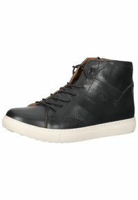 Zwarte hoge sneakers van leer met een contrasterende lichte rubberen zool. Beschikt over gestikte details en een vetersluiting aan de voorkant.