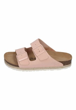 Pink sandals with two adjustable straps, a cork footbed, and a textured rubber sole. Smooth material with a flat silhouette for comfort.