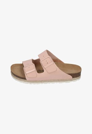 Pink sandals with two adjustable straps, a cork footbed, and a textured rubber sole. Smooth material with a flat silhouette for comfort.