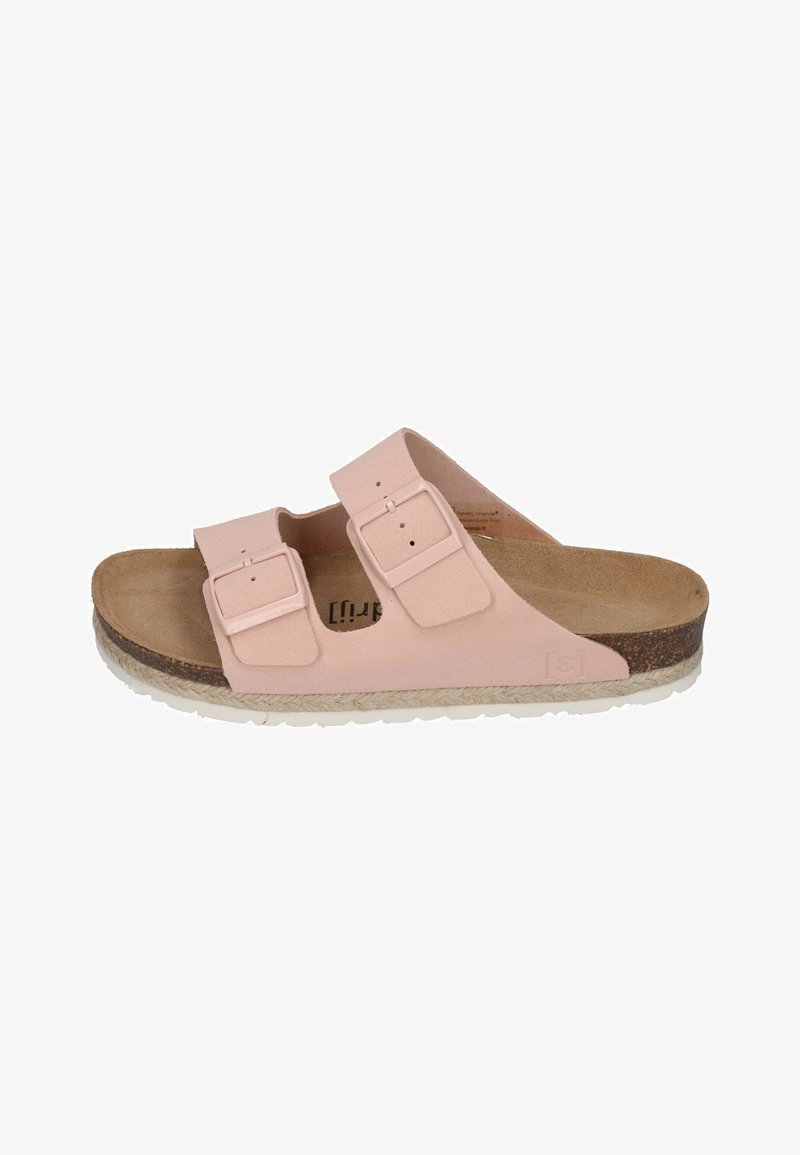 Pink sandals with two adjustable straps, a cork footbed, and a textured rubber sole. Smooth material with a flat silhouette for comfort.
