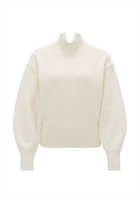 Maglione lavorato a maglia in avorio, con colletto alto, spalle scese e polsini e orlo a coste per una vestibilità comoda.