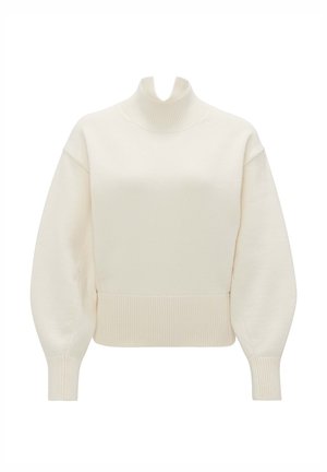 Strickpullover in Elfenbein mit hohem Kragen, überschnittenen Schultern und gerippten Bündchen und Saum für eine lässige Passform.