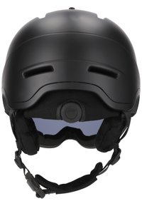 Sort skihjelm med glat mat finish, justerbar hagerem, ventilationsspor og bløde ørepuder. Har en rund justeringsknap bagpå.