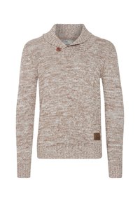 Beige sweater med tekstureret strikmønster, featuring en sjalskrave og en enkelt brun knapdetalje. Inkluderer et lille brandingmærke på nederkanten.