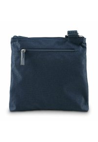 Borsa in tessuto blu navy con chiusura a zip, forma rettangolare piatta, superficie testurizzata e un piccolo accento intrecciato nella parte superiore.