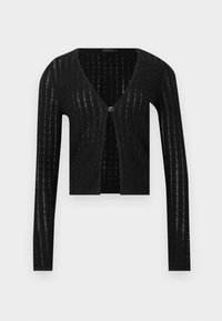 Μαύρο ελαφρύ πλεκτό ζακέτα με μακριά μανίκια, V-λαιμόκοψη, μονο κουμπί διακόσμησης και διακριτικό κάθετο ανοιχτό σχέδιο.