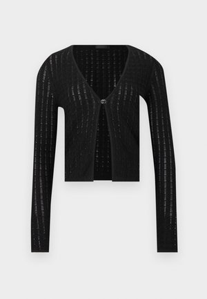 Cardigan negru ușor tricotat, cu mâneci lungi, decolteu în V, închidere cu un nasture decorativ și un model subtil vertical cu perforații.