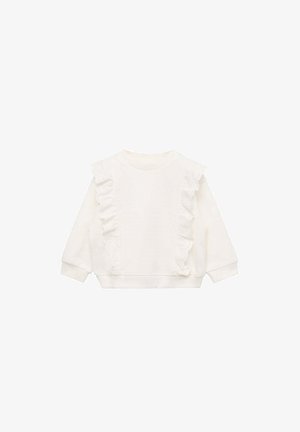 Weißes Sweatshirt mit langen Ärmeln, das über ein strukturiertes Spitzenvolant entlang der Schultern und einen runden Halsausschnitt verfügt. Weicher Stoff, lässige Passform.