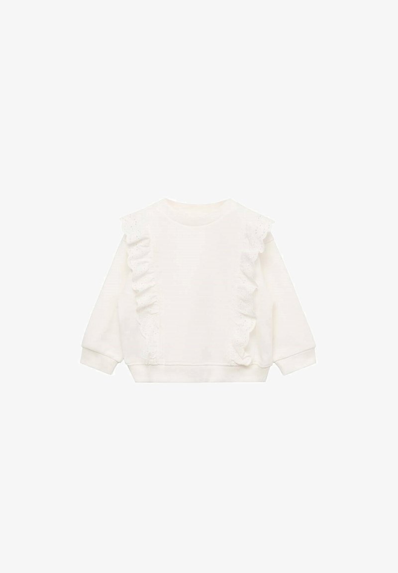 White sweatshirt with long sleeves, featuring a textured lace ruffle detail along the shoulders and a rounded neckline. Soft fabric, casual fit.