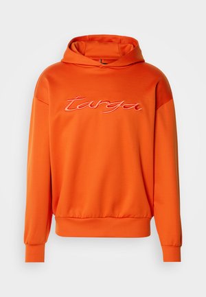 Oranges Hoodie aus weichem Stoff, mit einem großen bestickten "targa"-Logo in hellerem Orange, locker sitzend mit gerippten Bündchen.