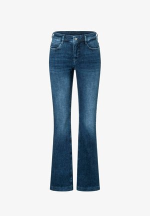 Dunkelblaue, ausgestellte Jeans aus Denim mit hoher Taille, dezenter Waschung, fünf Taschen und Metallknopfverschluss. Glatte Textur und moderner Schnitt.