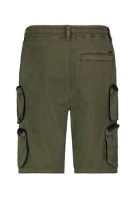 Olive green cargo shorts with an elastic waistband, side pockets, and a back pocket. Smooth fabric texture with functional designs.