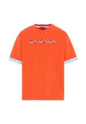 Chemise à manches courtes orange vif avec "MISSONI" en lettres à motif et bordure assortie à motif aux poignets et au col intérieur.
