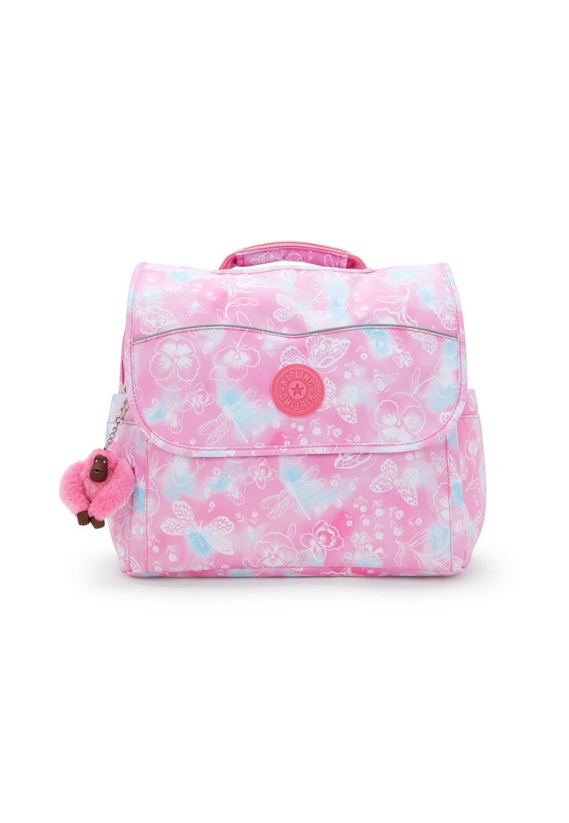 Zaino con motivo floreale rosa e finitura lucida, dotato di manico superiore e un accessorio portachiavi a forma di scimmia pelosa.