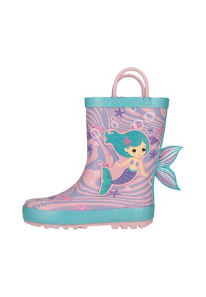 Kinder-Gummiregenstiefel mit türkisfarbenem Besatz, rosa Griffen und einem bunten Meerjungfrauen-Design mit Flossen, die von der Ferse aus nach außen ragen.