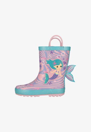 Stivale di gomma impermeabile per bambini con rifiniture turchesi, manici rosa e un colorato disegno di sirena con pinne che si estendono dal tallone.