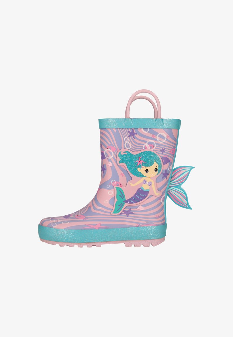 Kinder-Gummiregenstiefel mit türkisfarbenem Besatz, rosa Griffen und einem bunten Meerjungfrauen-Design mit Flossen, die von der Ferse aus nach außen ragen.
