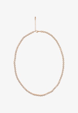 Naszyjnik w kolorze różowego złota z łańcuszkiem z małych, okrągłych, przezroczystych kryształków, połączonych okrągłymi ogniwami, z regulowanym zapięciem.