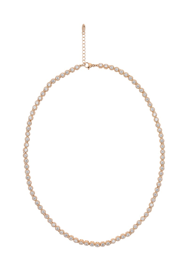 Rose gold halskæde med en kæde af små, runde klare krystaller, forbundet med cirkulære led, og med en justerbar lås.
