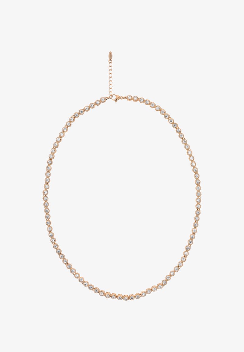 Rose gold halskæde med en kæde af små, runde klare krystaller, forbundet med cirkulære led, og med en justerbar lås.