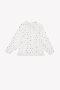 White long-sleeved blouse with red floral pattern, gathered neckline and cuffs, featuring a textured fabric and a relaxed fit.