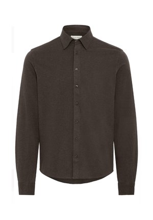 Tamsiai rudas ilgas rankovės marškinis su klasikiniu apykakle, priekyje užsegamas mygtukais ir apvaliu kraštu. Pagamintas iš minkštos, tekstūruotos medžiagos.