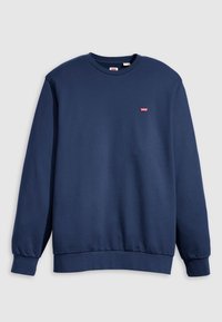 Felpa blu navy a girocollo con maniche lunghe, polsini e orlo a costine, e un piccolo logo rosso Levi's sul lato sinistro del petto.