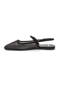 Bailarinas negras de malla con tirante trasero y punta afilada, que presentan un patrón texturizado, correa ajustable y suela plana. Plantilla suave en ante negro.