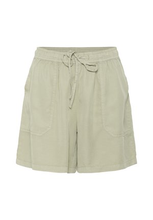 Helle grüne Baumwollshorts mit einem elastischen Bund, verstellbarem Kordelzug und zwei Seitentaschen; glatte Textur und lässiges Design.