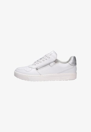 Weiße Leder-Sneaker mit strukturiertem Zehenbereich, silbernen Akzenten an der Ferse und seitlichem Reißverschluss. Mit flachen Schnürsenkeln und Gummisohle.