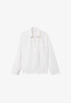 Hvid langærmet skjorte med krave, knaplukning foran og en enkelt lomme. Fremstillet af tekstureret stof med en afslappet pasform.