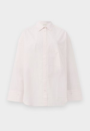 Light pink button-up shirt with vertical white stripes, long sleeves, pointed collar, and a single chest pocket. Smooth fabric texture.