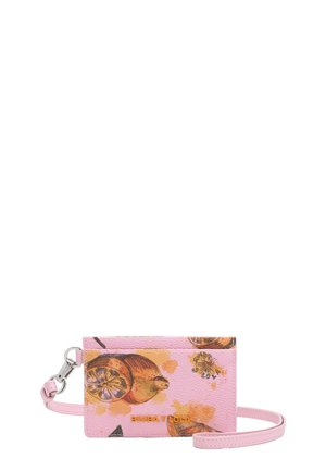 Pink textured wallet featuring a fruit pattern with oranges and lemons, silver hardware, and a detachable strap. Brand name embossed in gold.