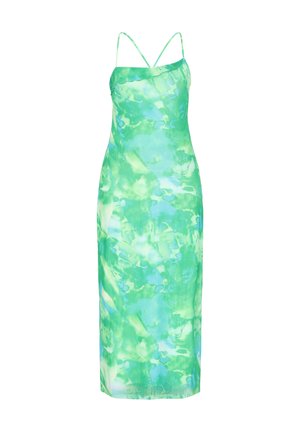 Zielono-niebieska sukienka maxi na ramiączkach z efektem tie-dye, z cienkimi, krzyżującymi się ramiączkami spaghetti i prostym dekoltem.