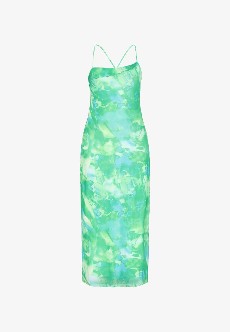 Robe maxi sans manches tie-dye verte et bleue avec fines bretelles spaghetti croisées et un décolleté droit.